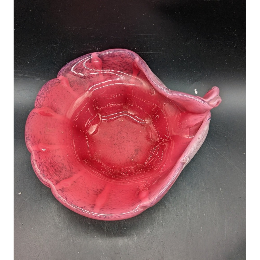 Murano Pink White Art Glass Ruffled Bowl Twisted Handle Vintage Italian 6.5"